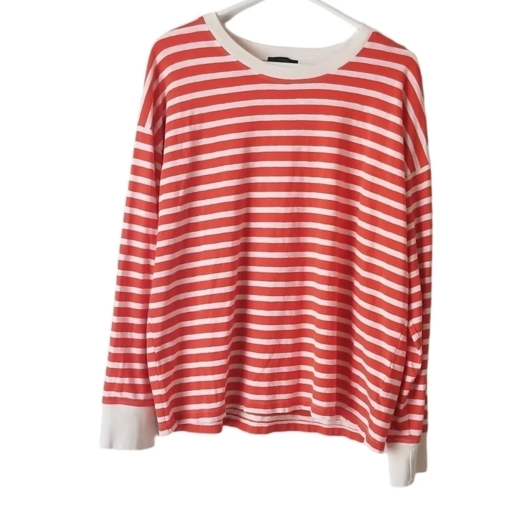 J Crew Long-sleeve Orange/White Striped Ringer T-shirt Size L Crewneck
